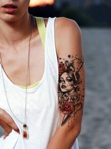 2 件装奇幻哥特式花卉、蛇、虎、狐狸、骷髅性感防水临时纹身贴纸 - 彩色 - 查看 8