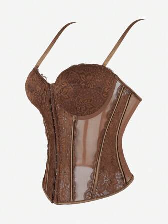 女士蕾丝紧身胸衣上衣，黑色透明紧身胸衣吊带背心，前胸开合，精致细肩带，宫廷式紧身胸衣