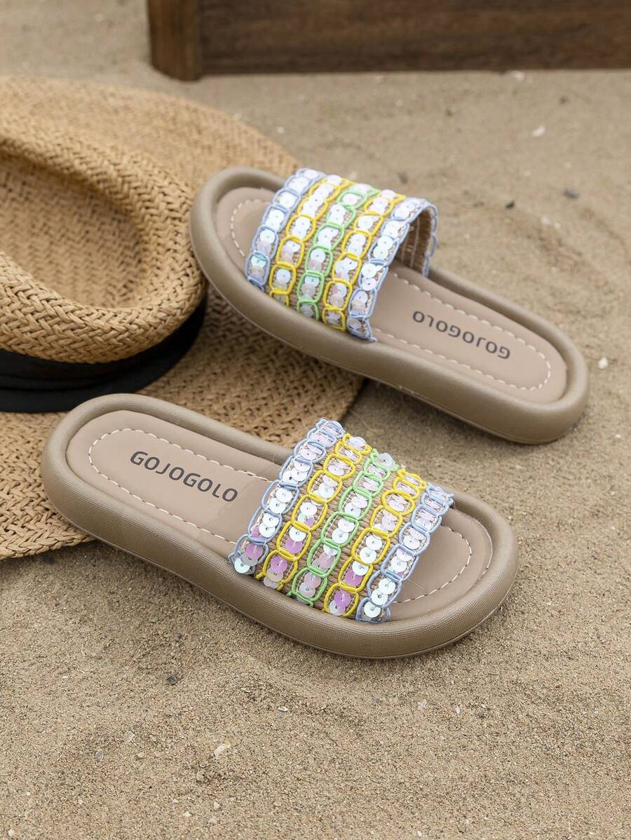 2025 New Outdoor Wear Hong Kong Style Casual Slippers Thick Soled Sequin Sandals Girls Fashion Sponge Beach Elevating Slippers