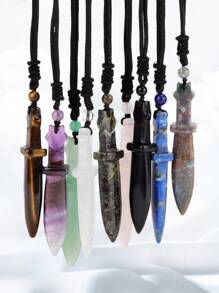 1 件 CSJA 复古剑水晶吊坠项链护身符天然宝石虎眼石紫水晶黑曜石项链男女通用可调节绳链珠宝礼物 H559 - Necklace - 查看 1