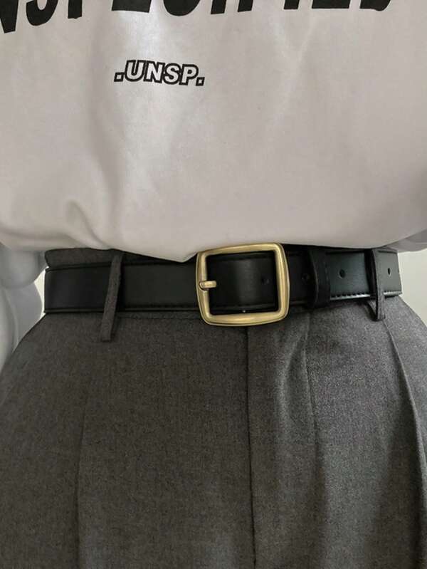 1pc Back To School Women Fashion Simple Retro Square Buckle Belt, Suitable For Jeans, Black Color Accessory Summer, School