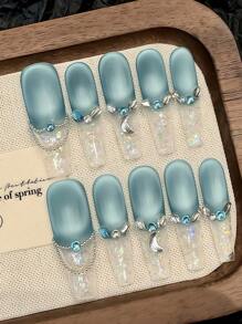 10 Peças Unhas Postiças Estileto Super Longas Ombré Glacial Francesas Fosca com Decoração de Cristal de Strass, Suprimentos de Unhas