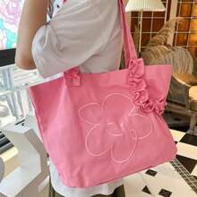 Lace Shoulder Bag, Lace Canvas Shopping Bag, Women's Smiling Face Ruffled Lace Canvas Bag, Floral Embroidery Tote Bag - 彩色 - 查看 7