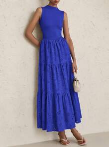 Women's Summer Dress Casual Perforated Sundress Sleeveless Elegant Wedding Guest Dress With Pockets - Xanh đậm - Xem 5