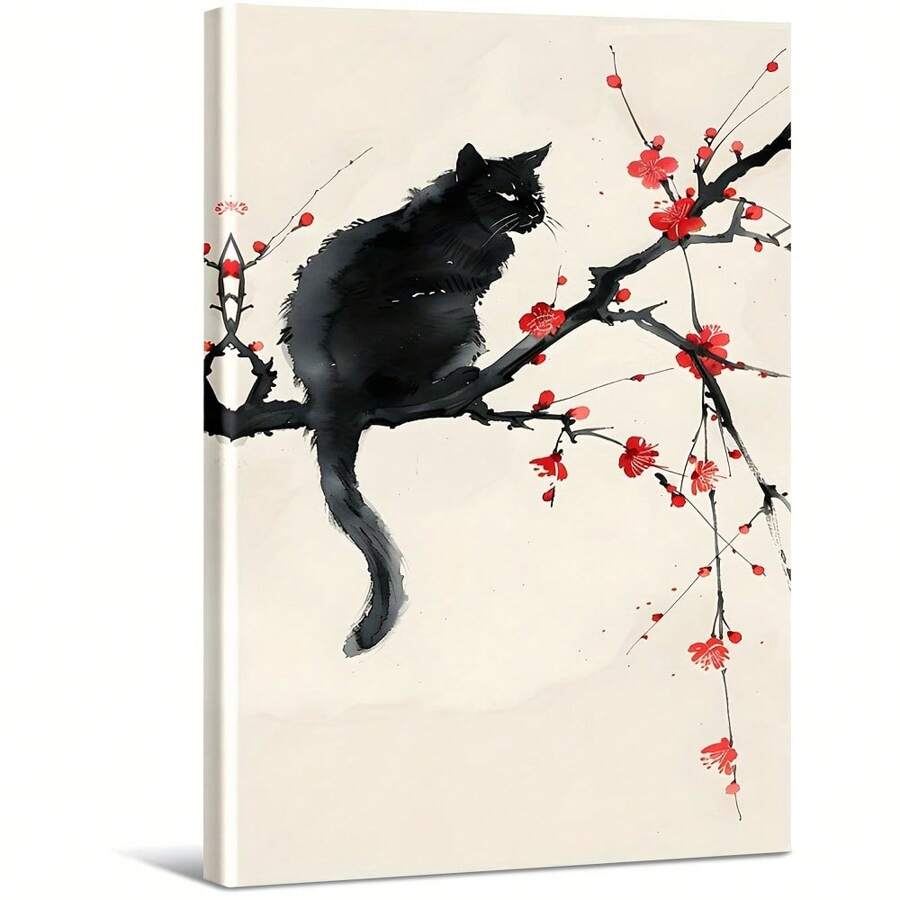 The Black Cat Stood On A Branch Which Bloomed The Red Flowers. Large Wooden Framed Wall Painting Artist Home Decoration Oil Painting - Bedroom, Bathroom, Living Room, Office, Kitchen, Christmas Gifts - 1 Piece