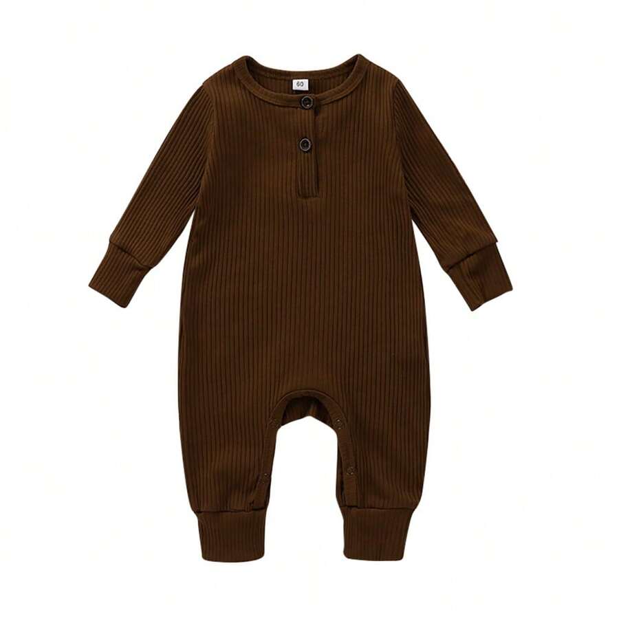 Newborn Baby Boy Girl Knitted Rib Romper Infant One Piece Jumpsuit Cotton Solid Long Sleeve  Bodysuit Basic Coming Home Outfits - màu nâu - Xem 1