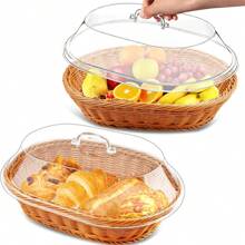 带亚克力盖的手工编织藤条面包篮，面包、水果、糖果食品储存篮，家居装饰面包篮，厨房配件储存工具，厨房装饰食品篮 - 彩色 - 查看 2