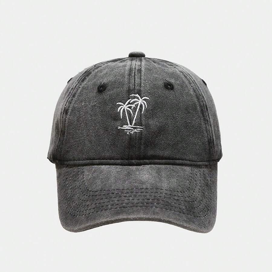 1pc Embroidered Coconut Tree Washed Baseball Cap, Adjustable Outdoor Sun Protection Casual Hat For Spring/Autumn Travel Beach Vacation Women, Y2K Style