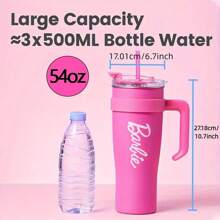Miniso Serie Barbie Vaso grande de acero inoxidable con capacidad, taza de viaje aislada, taza con pajita portátil, botella de agua deportiva, taza de café al vacío, regalo de cumpleaños 54oz/1600ml - Rosa Roja - Ver 5