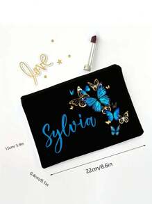 Custom Butterfly Printed Cosmetic Bag, Custom Your Name Cosmetic Bag, Can Be Customized To Your Unique Design, Lightweight Waterproof Canvas Zipper Cosmetic Bag Is Also Perfect For Coin Purse, Pencil Case, Perfect For Shopping, Date, Vacation, Travel, Festival, Party Or As A Gift Makeup Bag Make Up Organizer For Bathroom College Dorm Beach Summer Portable Multifunctional Women Girl Student