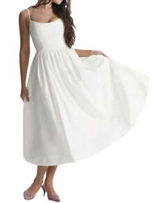 Women's Summer Midi Dress Solid Color Sleeveless Backless Party Dress Spaghetti Strap Beach Dress - trắng - Xem 10
