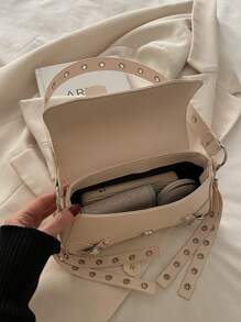 时尚纯色铆钉装饰腋下包皮扣翻盖单肩包，适合逛街，钱包，逛街，年轻女性，大学生，新人，白领。非常适合办公室，大学，工作，商务，通勤，户外活动，旅行和郊游 - 米色 - 查看 9