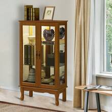 Curio Cabinet Lighted Curio Diapaly Cabinet With Adjustable Shelves And Mirrored Back Panel, Tempered Glass Doors (Oak, 3 Tier), (E26 Light Bulb Not Included)    RR