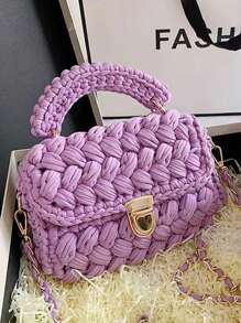 1 件手工钩编花卉条纹女士手提包，时尚休闲手提包，配有可拆卸链带，多功能大容量，适合日常使用和派对，送给朋友的礼物 - 彩色 - 查看 5