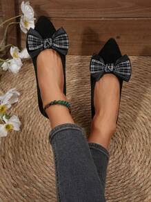 Mother's Day Beautiful Bow Gift, Women's Black & White Plaid Bow Decor Flat Slip-On Shoes, Lightweight & Comfortable, Non-Slip, Outdoor Walking Shoes, Casual & Fashionable Ladies Shoes, Black Classic