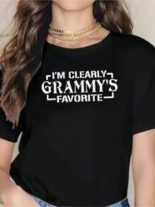 I'm Clearly Grammy's Favorite, Grandson Grandkids Grandma T-Shirt  - Short Sleeve, Casual, Breathable, Comfortable, Summer & Spring Essential - Women's Clothing, Short Sleeve 100% Cotton T-Shirt For Ladies