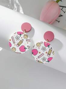 1 对女士返校笑脸、铅笔、尺子、苹果、花卉印花亚克力树脂圆形优雅耳环 - 彩色 - 查看 8