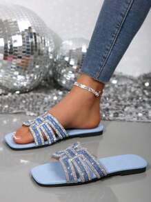 Nuove ciabatte estive da donna casual con punta quadrata e aperta, decorate con strass di cristallo, adatte per uso all'aperto e spiaggia