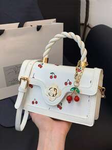 Burgundy Red,Anchor Red,Bordeaux Red,Ruby Red,Maroon,Crimson,Cherry Color Burgundy Fashionable High-End Ladies Square-Shaped PU Handbag, Multifunctional Cute Cherry Printed Shoulder Bag, Suitable For Shopping, Dating, Crossbody Bag For Girls, Kawaii Cherry Elements - Multicolor - View 16