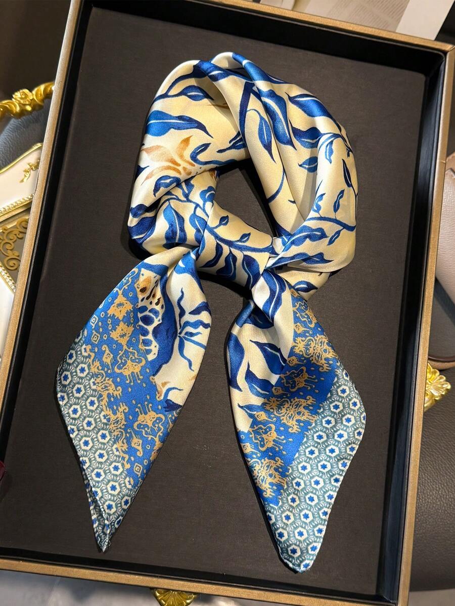 1条女士优雅复古时尚印花轻薄缎面方巾/围巾，可作头巾、围巾、披肩使用，轻盈舒适，适合日常佩戴，也可搭配头饰、长袍、配饰，适合春、夏、秋季，也是母亲节、妇女节、海滩度假、假日的理想礼物。 - 藍白色 - 查看 1