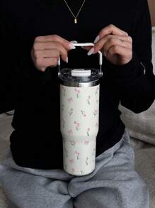 1pc 30oz Butterfly & Tulip Pattern Double Wall Stainless Steel Insulated Tumbler, Flat Bottom Cup, Coffee Cup, Car Cup, Water Bottle, Outdoor Mug, Tea With Unique Lid Design, Suitable For Outdoor, Office, Home, School, Car And Other Scenarios, Birthday, Holiday, Mother's Day, Father's Day, Back To School, Valentine's Day Gift Back To School - Multicolor - View 6
