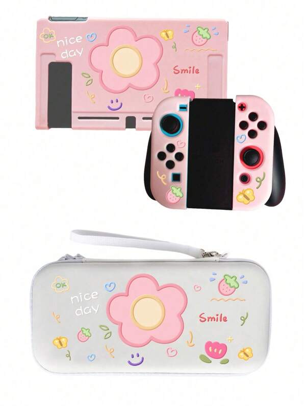 1set Flower Pattern Case & Storage Bag Compatible With Nintendo Switch