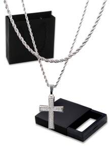 2 件时尚不锈钢吊坠项链，嘻哈方晶锆石配饰，礼盒包装适合节日 - 金黃色 - 查看 3