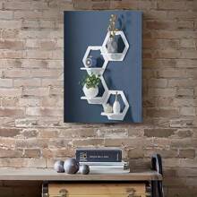 Étagères flottantes hexagonales - Écran en canevas sans cadre avec étagères en bois pour les plantes, l'aromathérapie et la décoration - Rangement à plusieurs niveaux pour le salon, la salle de bain, la cuisine - Design minimaliste moderne - Multicolore - Voir 4