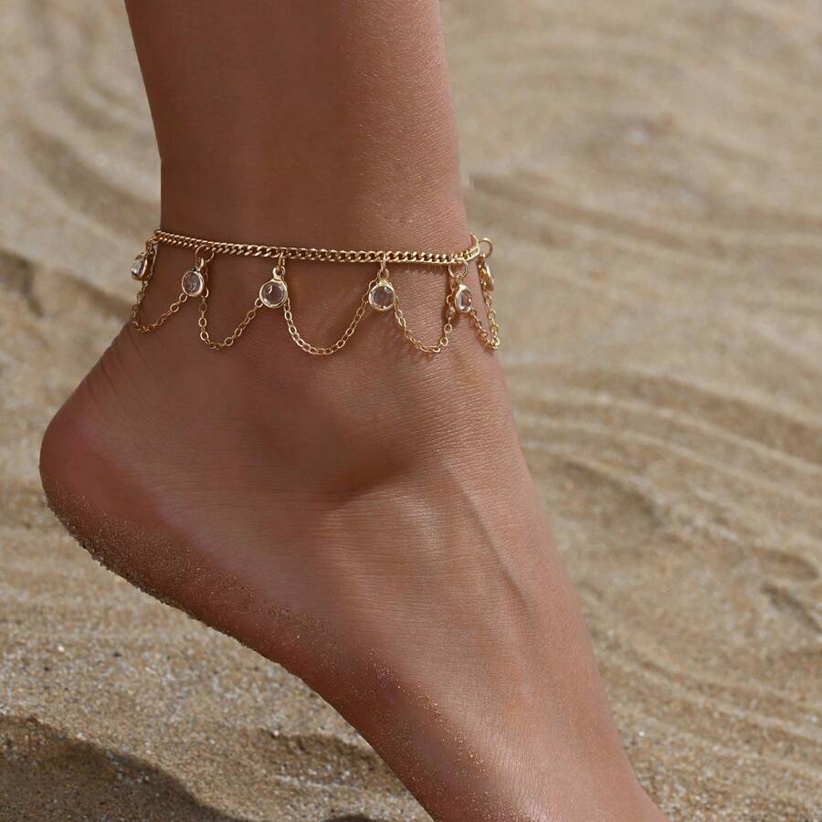 1pc Elegant Glass Crystal Tassel Charm Anklet, Beach Vacation Accessory For Women