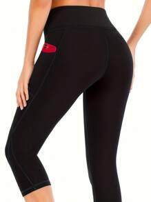 Plus Size Women's Capri Tights With Pockets - Stretchy, High Waist, Slimming, Black Yoga Pants, XL-4XL - Black - View 2