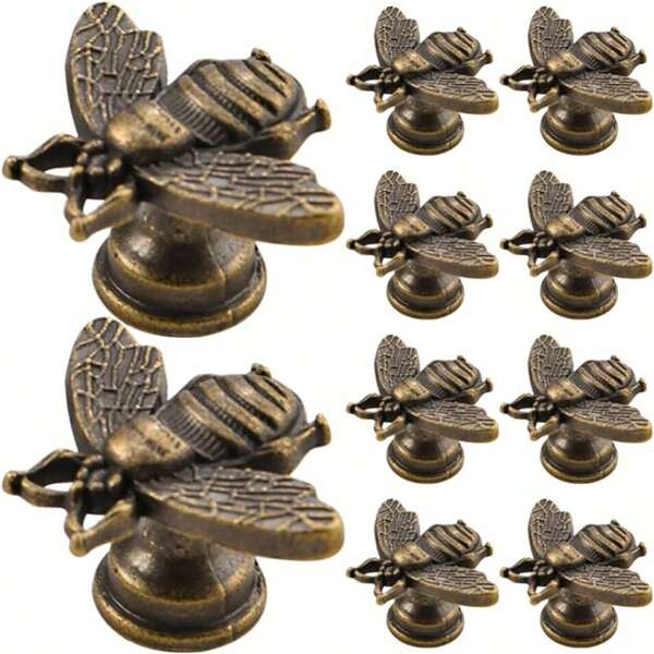 10 piezas Pomos retro de aleación de zinc con diseño de abeja - Tiradores decorativos para cajones de cómoda y muebles del hogar y armarios