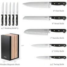 CAROTE 11 Pieces Knife Set With Block For Kitchen, Stainless Steel Razor-Sharp Blade, Triple Riveted Ergonomic Handle, Wooden Magnetic Block, Essential Knife Block Set, Beigeprompt Goods - 黑色-WS - 查看 2