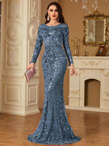 hezixi Stretchy Sequin Round Neck Long Sleeve Fishtail Hem Formal Dress, Very Comfortable To Wear, Suitable For Different Figures, Can Be Worn As Formal Occasion Dress, Party Dress, Evening Gown, Wedding Guest Dress, Etc. - 霧霾藍 - 查看 4
