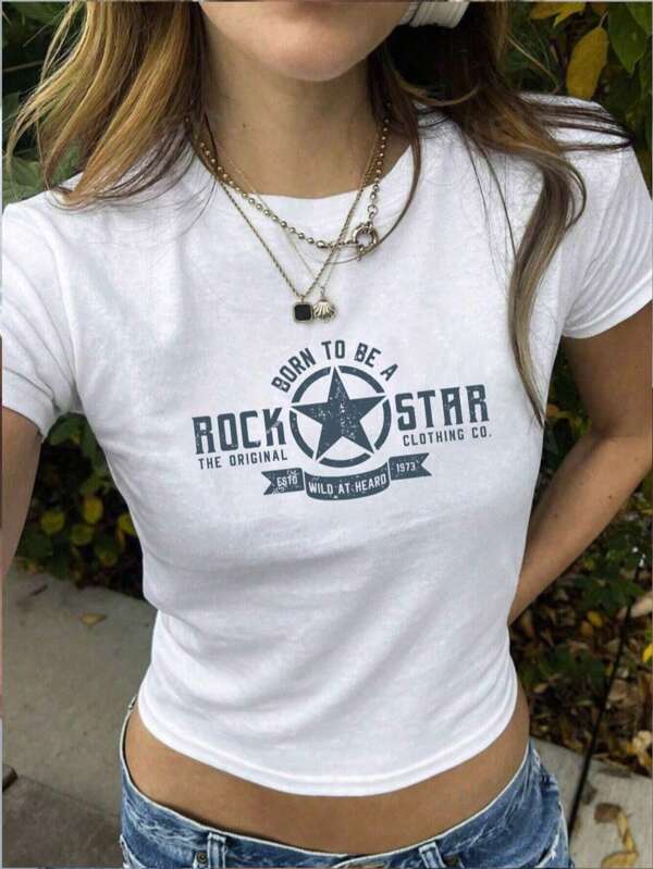 Rock & Star Graphic Sexy Cropped Tee, Slim Fitted Rock Print T-Shirt, Retro Summer Women Casual Round Neck Crop Top Graphic Tees Women Tops,For Rock & Music Festival