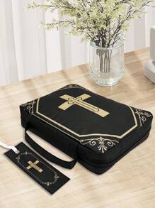 1pc Bible Cover,Cross Design - Polyester, Zipper Closure & Carry Handle - Portable Church Case With Black Accents & Floral Patterns - Ideal Gift - Black - View 5