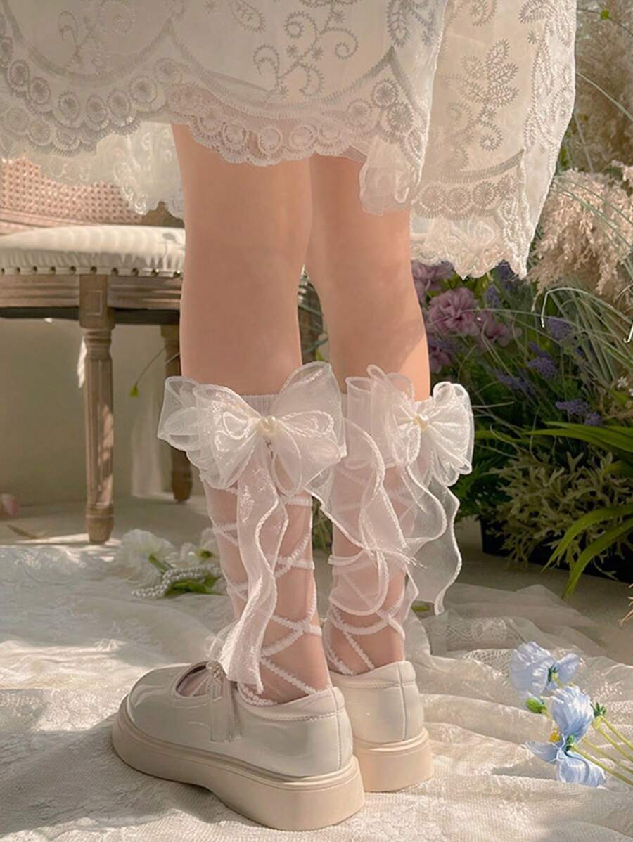 1 双新款日式欧根纱蝴蝶结、心形珠饰、水晶条纹玻璃纤维女童长筒袜 - 白色 - 查看 1