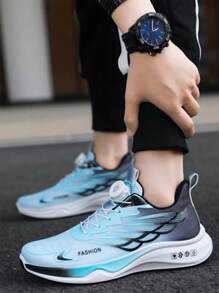 Color sólido botón giratorio diseño de los hombres de carretera zapatos para correr, patrón de rayas zapatos casuales ligeros, cómodos y transpirables zapatillas de deporte de los hombres para correr al aire libre, ciclismo, fitness y ropa casual.