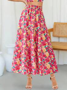 Women Full Floral Print Midi Maxi Skirt Summer Casual Elastic High Waist Pleated A-Line Flowy Boho Bohemian Long Skirt Pockets Spring Holiday Vacation Beach Going Out Valentine Outfit - hoa đỏ vàng - Xem 3