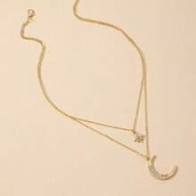 1pc Fashion Elegant Double Layer Star Moon Rhinestone Pendant Necklace - Yellow Gold - View 3