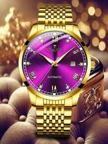 Carotif 自动手表，金色不锈钢表带，紫色表盘，罗马数字 - 紫色 - 查看 6