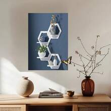 Étagères flottantes hexagonales - Écran en canevas sans cadre avec étagères en bois pour les plantes, l'aromathérapie et la décoration - Rangement à plusieurs niveaux pour le salon, la salle de bain, la cuisine - Design minimaliste moderne - Multicolore - Voir 2