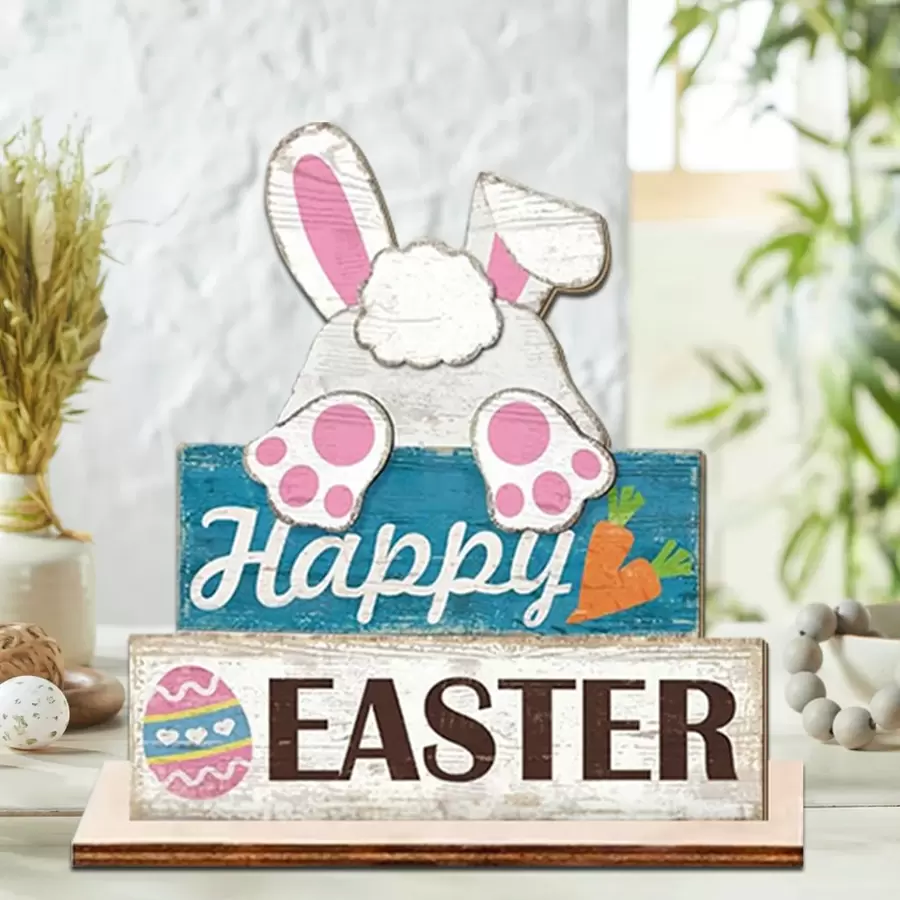 1 PIEZA Decoración de mesa de comedor de Pascua con conejo feliz, logotipo de mesa de madera de conejo, bandeja escalonada de estilo campestre, decoración de centro de mesa de conejo de primavera, apropiado para fiestas de granja en días festivos