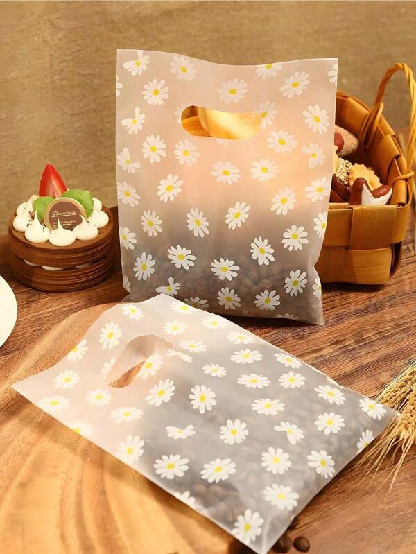 50pcs-Daisy Hold Goodie Bag, Thank You Bag, Thank You Gift Bag, Spring/Summer Daisy Flower Gift Bag Bulk Handling Party Gifts, Shower, Wedding, Birthday Party Decorations And Supplies, Bridal Wedding Center Gift Bag, Lovely Flower Pattern Transparent Gift Bag Packaging