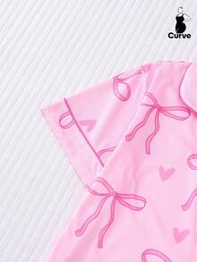 Marira 2pcs Plus Size Women Pajama Set, Bow Print Short Sleeve Shirt Collar Button Up Top And Loose Elastic Shorts, Suitable For Overweight, Holiday Party Sleepwear, Casual Home & Outdoor Comfortable Women Loungewear - Hồng - Xem 4
