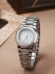1pc Minimalistische vierkante wijzerplaat Romeinse cijfers schaal Elegante quartz roestvrijstalen horloge, geschikt als verjaardags- en Halloweencadeaus