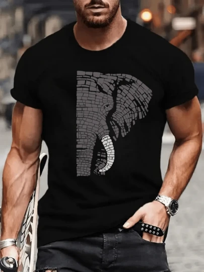 Camiseta De Moda Con Imagen De Elefante En Mosaico, 220g De Algodón Grueso
