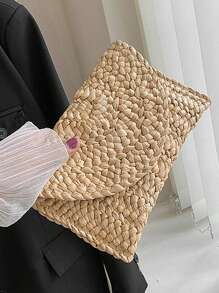 BAILEE 1 Pieza Bolso de verano informal y sencillo trenzado con fibra de mazorca, bolso de embrague trenzado con fibra de mazorca para cena, bolso grande de paja de color liso y sencillo para mujer, adecuado para vacaciones, viajes, trabajo y ocio, compras diarias