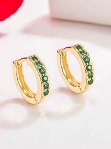 1 Pair Women Gold-Color Copper Alloy Cubic Zirconia Earrings (Diameter: 1cm / 0.39in) - Green - View 5