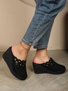 天鹅绒激光透气时尚轻便休闲坡跟草编女鞋 - 全黑色 - 查看 5