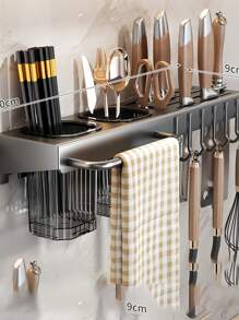 Wall-Mounted Knife Rack With Multi-Functional Kitchen Utensil Organizer, Hole-Free Installation, Integrated Tool Storage For Chopsticks And Knives.